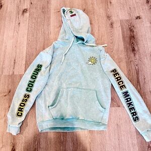 Cross Colours "The Peace Makers" Acid Wash Hoodie - Light Blue - Size Small
